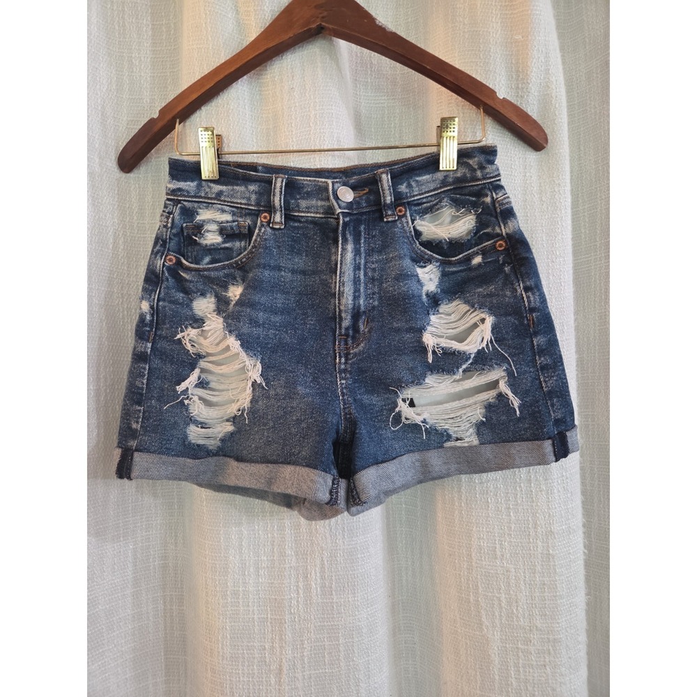 American Eagle Distressed High-Rise Denim Mom Shorts with Cuffed Hem Size 0